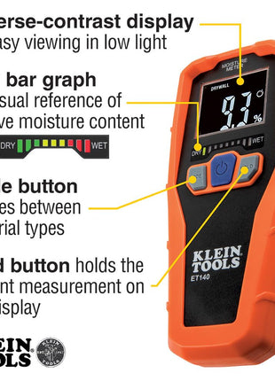 Klein Tools ET140 Pinless Moisture Meter for Non-Destructive Moisture Detection in Drywall, Wood, and Masonry; Detects up to 3/4-Inch Below Surface