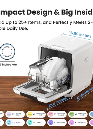 COMFEE' Countertop Dishwasher, Portable Dishwasher with 6L Built-in Water Tank, Mini Dishwasher with More Space Inside, 7 Programs, UV Hygiene& Auto Door Open, for Apartments, Dorms& RVs, White