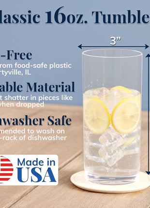 US Acrylic Classic Clear Plastic Reusable Drinking Glasses (Set of 6) 16oz Water Cups | BPA Free Tumblers, Made in USA | Top Rack Dishwasher Safe