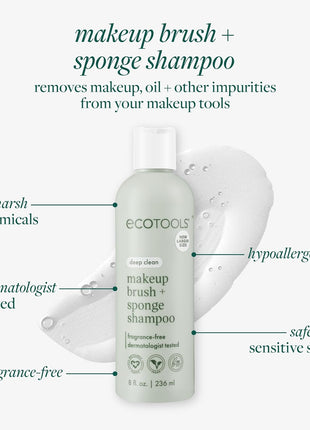 EcoTools Makeup Brush Cleanser + Sponge Shampoo, Fragrance-Free, 8 Fl Oz | Cleaner brushes and sponges, makeup brush soap for daily washing, beauty blender cleaner, plant based, sulfate free