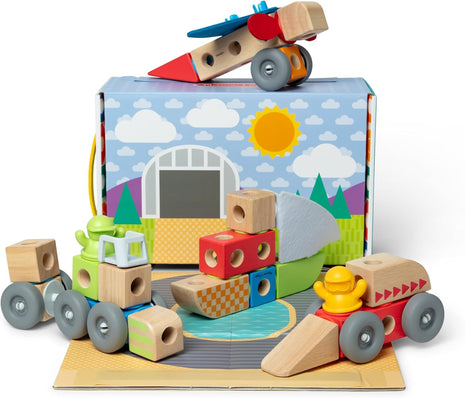 Melissa & Doug BlockablesTM Vehicles Snap and Play, Mix and Match Connectable Wooden Building Blocks Play Set Toy for Preschool Boys and Girls (54 Pcs)
