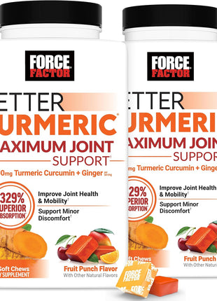 Force Factor Better Turmeric Maximum Joint Support | 1075mg Curcumin with Ginger, Supports Mobility, Flexibility & Comfort, Fruit Punch, 120 Soft Chews, 2-Pack