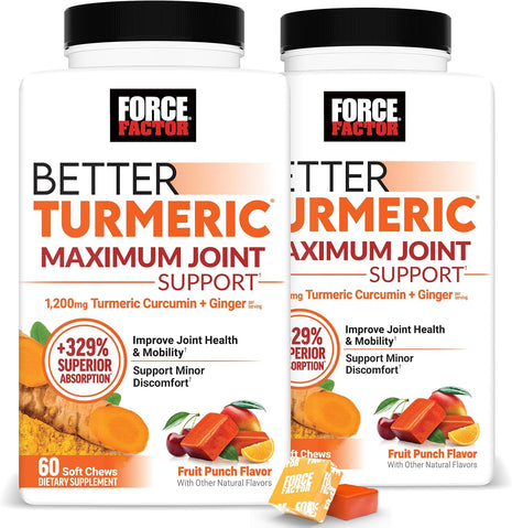 Force Factor Better Turmeric Maximum Joint Support | 1075mg Curcumin with Ginger, Supports Mobility, Flexibility & Comfort, Fruit Punch, 120 Soft Chews, 2-Pack