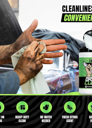 Heavy Duty Hand Cleaning Wipes, Tool Wipes, Waterless Mechanic Hand Cleaner | Dual Sided Hand & Tool Wipes, Grease, Oil, Paint & Adhesive Remover, Citrus Scent 72ct Canister For Garage, Shop & Jobsite