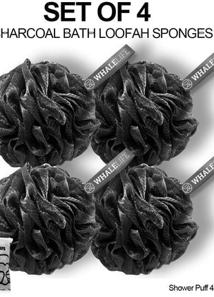 Shower Puff 4 Pack Black Bath Sponge Shower Loofahs Pouf Ball Nature Bamboo Charcoal Mesh Bulk Puffs Large, Shower Essential Skin Care by WhaleLife