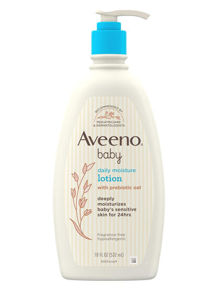 Aveeno Baby Daily Moisture Body Lotion for Sensitive Skin, Hypoallergenic Moisturizing Baby Lotion with Nourishing Oatmeal to Deeply Moisturize Baby's Skin, Fragrance-Free, 18 fl. oz