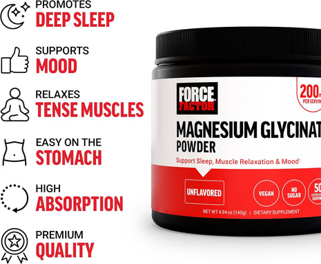 Force Factor Magnesium Glycinate 200mg | Magnesium Supplement for Women & Men to Support Sleep, Muscle Relaxation & Mood, High Absorption, Vegan, 50 Servings