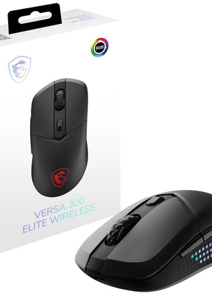 msi Versa 300 Elite Wireless Gaming Mouse - 26000 DPI Optical Sensor, 1000 Hz Polling Rate, Symmetrical, 60M+ Click OMRON Switches, 6 Buttons, 200-Hour Battery, 1ms Latency, RGB, 65g - Wired/Wireless
