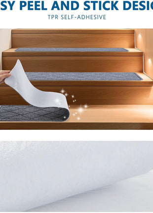 Stair Treads for Wooden Steps Indoor, 15 Pack 8 inch X 30 inch Non Slip Carpet Stair Treads with Reusable Adhesive for Kids Elders and Dogs, Surface Polyester TPR Backing Stair Runner Rugs, Dark Grey