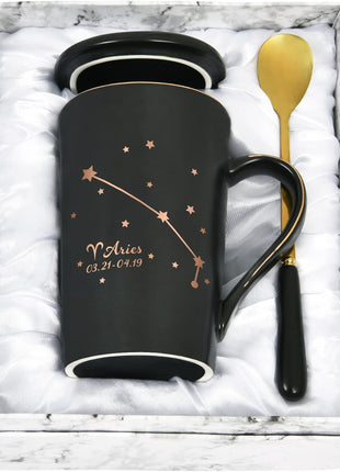 YHRJWN - Aries Zodiac Sign Star Coffee Mug, Aries Gifts for Women, Men & Teens, Mar-Apr Birthday Gifts for 12 Horoscope Lovers, 14 Oz Black Cup with Gift Box