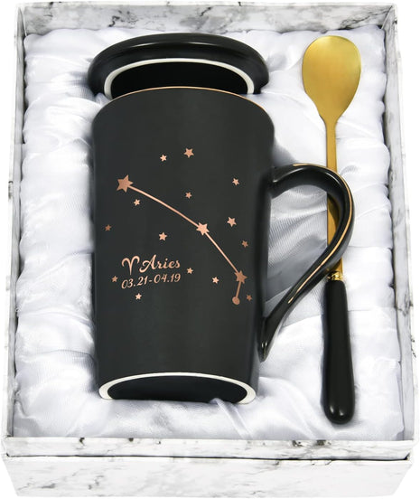 YHRJWN - Aries Zodiac Sign Star Coffee Mug, Aries Gifts for Women, Men & Teens, Mar-Apr Birthday Gifts for 12 Horoscope Lovers, 14 Oz Black Cup with Gift Box