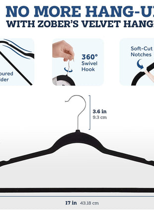 Zober Velvet Hangers 50 Pack - Black for Coats, Pants & Dress Clothes - Non Slip w/ 360 Degree Swivel, Holds up to 10 lbs - Strong Felt Hangers for Clothing