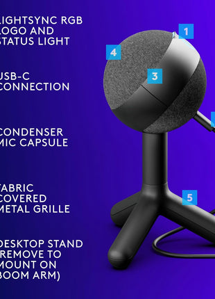 Logitech G Yeti Orb Condenser RGB Gaming Microphone with LIGHTSYNC, USB Mic for Streaming, Cardioid, USB Plug and Play for PC/Mac - Black