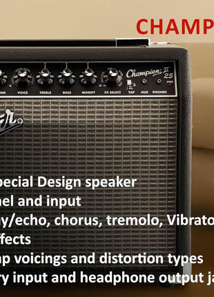 Fender Champion II 25-Watt Guitar Combo Amplifier Bundle with Instrument Cable, Picks, and Austin Bazaar Instructional Video