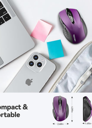 TECKNET Wireless Mouse, 2.4G Ergonomic Computer Mouse, 2600 DPI, Purple | Ergonomic Design with Side Grips, Adjustable DPI, 2-Year Battery, Compact Size, USB-A Plug & Play, Wide OS Compatibility