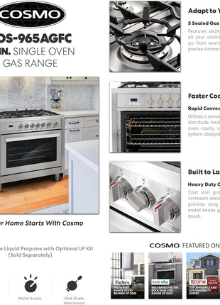 36 in. Nebula Coll 4.4 cu ft 5 Burner Gas Range Convection, Stainless Steel | Cosmo COS-965AGFC Oven Fan Circulation, Cast Iron Grates, Digital Display with Timer, Metal Knobs, Liquid Propane Convertible