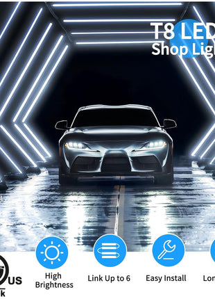 (Pack of 4) Linkable LED Utility Shop Lights for Garage, 6FT, 60W, LED Tube Ceiling Light T8 Integrated Single Fixture, 6000K, 8000LM Daylight V Shape, Basement, Offices, Clear Lens, Plug and Play
