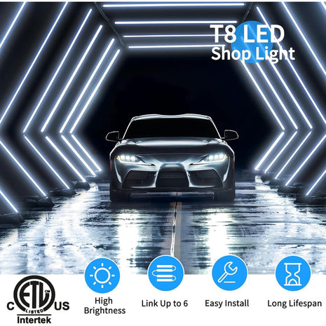 (Pack of 4) Linkable LED Utility Shop Lights for Garage, 6FT, 60W, LED Tube Ceiling Light T8 Integrated Single Fixture, 6000K, 8000LM Daylight V Shape, Basement, Offices, Clear Lens, Plug and Play