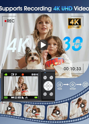 Digital Camera,Autofocus 4K Vlogging Camera for Photography with 32GB Card,48MP Portable Compact Point and Shoot Digital Camera for Teens Adult Beginner with 16X Zoom,Anti-Shake,2 Batteries(Black)