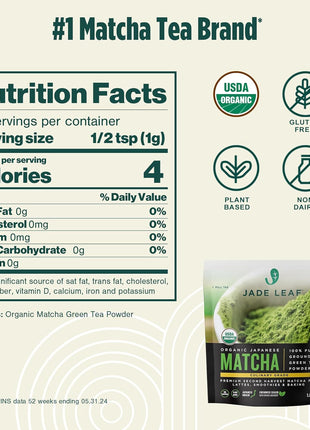 Jade Leaf Matcha Organic Green Tea Powder - Culinary Grade Premium Second Harvest - Authentic Japanese Origin (1.06 Ounce Resealable Pouch)