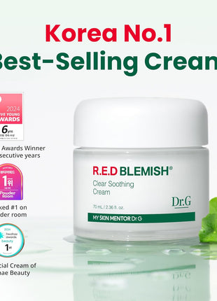 Dr. G R.E.D. Blemish Clear Soothing Cream - Calming Korean Moisturizer for Redness - Soothes Acne & Irritation - With Centella Asiatica - Long-Lasting Hydration - 2.36 fl oz