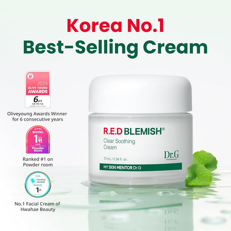Dr. G R.E.D. Blemish Clear Soothing Cream - Calming Korean Moisturizer for Redness - Soothes Acne & Irritation - With Centella Asiatica - Long-Lasting Hydration - 2.36 fl oz