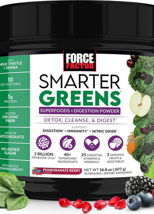 Force Factor Smarter Greens Superfoods Powder for Gut Health & Digestion | Greens Powder with Probiotics, Prebiotics & Digestive Enzymes to Reduce Bloating, Pomegranate Berry, 30 Servings