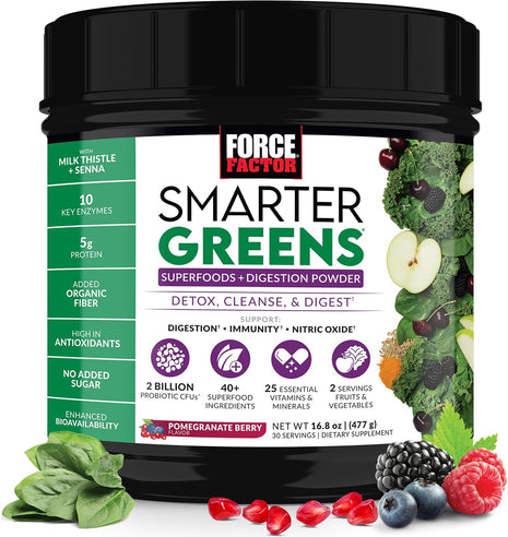 Force Factor Smarter Greens Superfoods Powder for Gut Health & Digestion | Greens Powder with Probiotics, Prebiotics & Digestive Enzymes to Reduce Bloating, Pomegranate Berry, 30 Servings