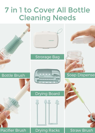 Momcozy 7-in-1 Baby Bottle Brush Set with Drying Rack, Green | Silicone Nipple Straw Brushes, Soap Dispenser Storage Box, Foldable Drain Rack, Portable Bag, BPA-Free, Home & Travel