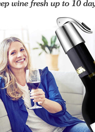 2-Pack Wine Stoppers, Airtight Seals to Keep Wine Fresh, Easy Press-to-Seal | Leakproof for horizontal storage, Expanding silicone seal, Reusable, Sleek stainless steel design, Ideal gift for wine lovers