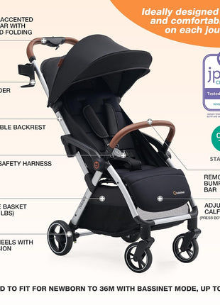 Babideal Lightweight Travel Stroller for Baby, Self-Folding Toddler Stroller with Large Canopy, One-Hand Operated Reclining Seat, Cup Holder Included - Newborn to 50lbs. (Black)