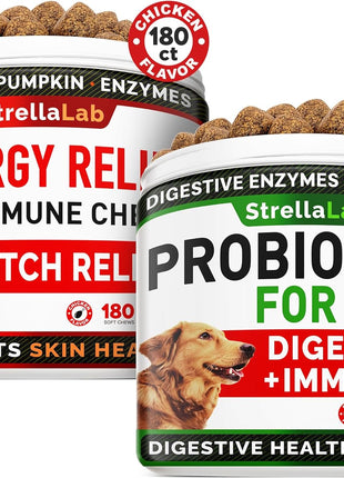 Allergy Relief + Probiotics Dogs Bundle - Itchy Skin Treatment + Digestive Enzymes - Omega 3 & Pumpkin + Prebiotics - Dogs Itching & Licking Treats + Improve Digestion - 360 Chews - Made in USA