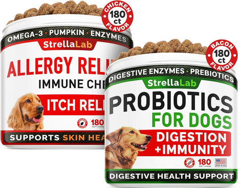 Allergy Relief + Probiotics Dogs Bundle - Itchy Skin Treatment + Digestive Enzymes - Omega 3 & Pumpkin + Prebiotics - Dogs Itching & Licking Treats + Improve Digestion - 360 Chews - Made in USA