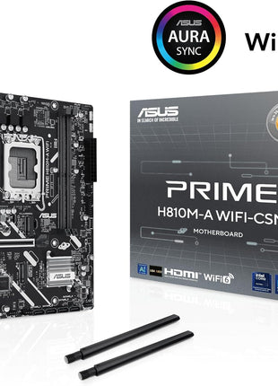 ASUS Prime H810M-A WiFi-CSM Intel® H810 LGA 1851 mATX Motherboard, 6+1+1+1 Discrete MOS, DDR5, PCIe 4.0, 2X M.2, Intel® 1Gb Ethernet, Wi-Fi 6, DisplayPort, HDMITM, USB 10Gbps, Front USB 5Gbps Type-C®