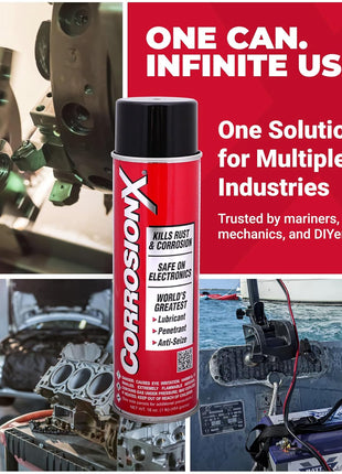 CorrosionX Rust Inhibitor, Industrial-Strength Dielectric Corrosion Prevention, Lubricant & Penetrant for Marine, Automotive, Electronics & RV Use, Protects Bolts, Cables, Engines, Parts, 16oz Aerosol