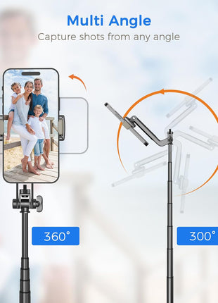 Selfie Stick Travel Tripod for Cell Phone with Remote Control and Phone Holder, Extendable Selfie Stick for iPhone, iPhone Tripod for Video Recording, 50 Inch, Black