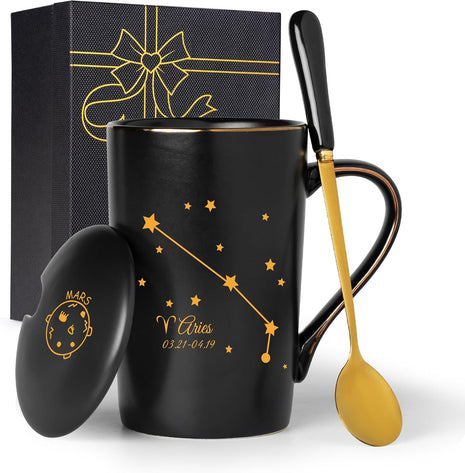 Aries Gifts for Women, Aries Zodiac Sign Star Gift for Girls Woman Men, March April Birthday Gifts for 12 Horoscope Astrology Lovers, 14 OZ Black with Gift Box Spoon Lid