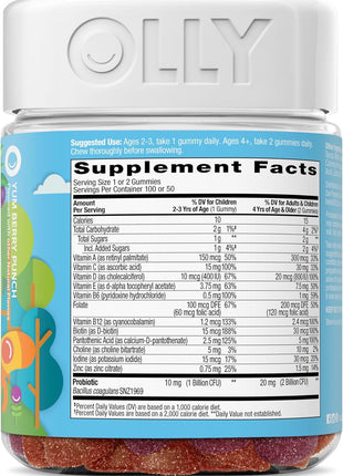 OLLY Kids Multivitamin & Probiotic Gummy, Digestive Support, Vitamins A, D, C, E, B, Zinc, Chewable Supplement, Berry Flavored, 50 Day Supply - 100 Count