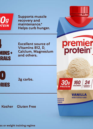 Premier Protein 30g High Protein Shake, Vanilla, 12 Pack | 160 Calories, 24 Vitamins & Minerals, No Added Sugar, Supports Muscle Health, Gluten-Free, 11 oz