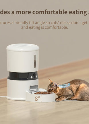 Automatic Cat Feeder with 2 Cameras 1080P HD with Night Vision Pet Food Dispenser Two-Way Voice and Audio Dog Smart WiFi Dog & Cat Feeder Programmable Schedule Slow Bowl White