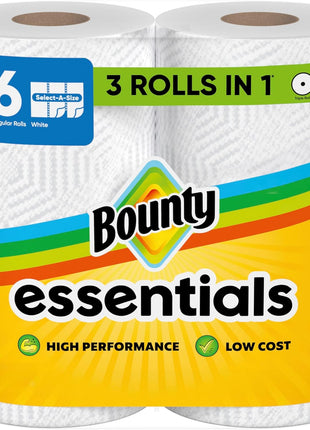 Bounty Essentials Select-A-Size Paper Towels, White, 2 Triple Rolls = 6 Regular Rolls (Packaging May Vary)