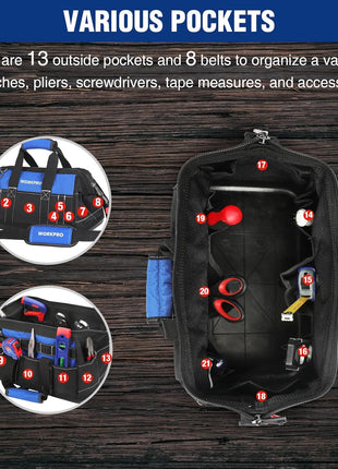 WORKPRO 16-inch Wide Mouth Tool Bag with Water Proof Molded Base