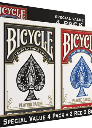 Bicycle Playing Cards 4 Pack Standard Index Poker Size Red and Black | Air Cushion Finish, Made in USA, 2 red and 2 black decks, 52 cards plus 2 Jokers per deck, For all card games