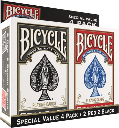 Bicycle Playing Cards 4 Pack Standard Index Poker Size Red and Black | Air Cushion Finish, Made in USA, 2 red and 2 black decks, 52 cards plus 2 Jokers per deck, For all card games