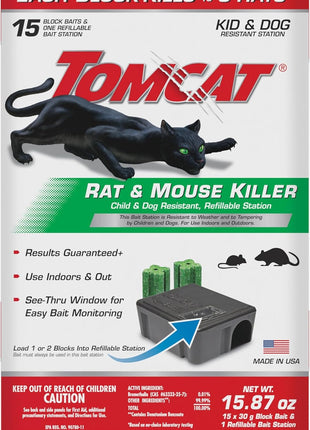 Tomcat Rat & Mouse Killer, Child & Dog Resistant Refillable Station — Tamper-Resistant Indoor/Outdoor Bait Station with Clear Monitoring Window, 1 Station and 15 Bait Blocks