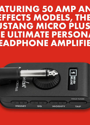 Fender Mustang Micro Plus Headphone Amplifier, Bluetooth Audio Streaming and 50 Amp and Effects Models, with 2 Year Warranty