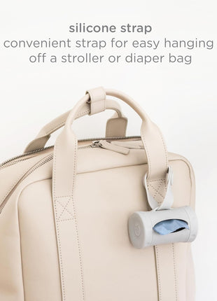 Ubbi Retractable Bag Dispenser for Diaper Bag, Gray | Portable Bag Holder for Travel, Clips to Stroller or Diaper Bag, Newborn Baby Essentials, Includes 24 Lavender Scented Bags