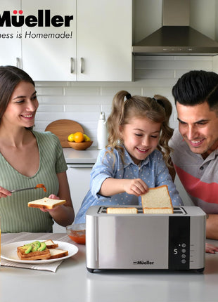 Mueller UltraToast Stainless Steel Toaster 4 Slice – Extra-Wide 1.6" Slots | For Artisan Bread, Bagels & Frozen Waffles, 6 Browning Levels, LED Display, Cancel/Defrost/Reheat, Removable Crumb Tray