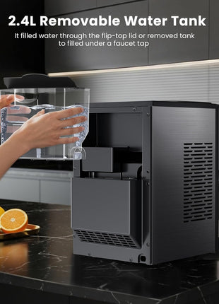 Nugget Ice Makers Countertop, Pellet Ice Maker Machine Dispenser with Water Reservoir, Self-Cleaning, 44lbs/24H Soft Chewable Ice Maker Machine for Home/Kitchen/Office, Black Stainless