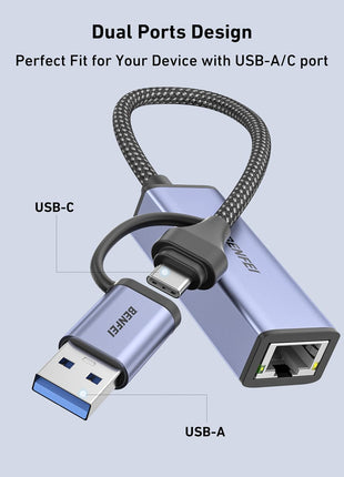 BENFEI USB 3.0 to Ethernet Adapter, USB C to RJ45 Gigabit LAN (1000Mbps) Network Adapter, Compatible with MacBook/Pro/Air, Surface Pro, Windows 11/10/8/7, Mac OS [Aluminium Shell&Nylon Cable]